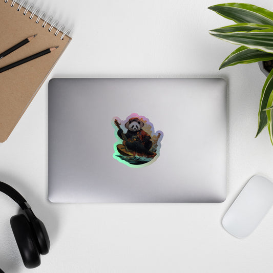 Fall Bear Sitting with Guitar in Forest Holographic Stickers